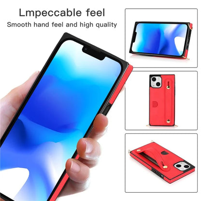 For iPhone 14 Plus Case Shockproof PU Leather Coated TPU Strap Kickstand Protective Back Cover