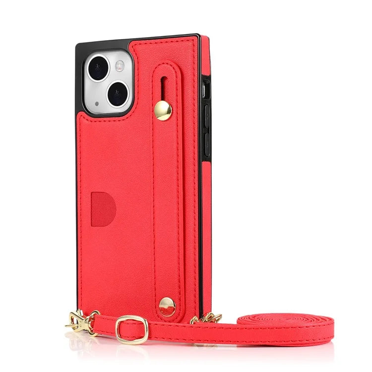 For iPhone 14 Plus Case Shockproof PU Leather Coated TPU Strap Kickstand Protective Back Cover