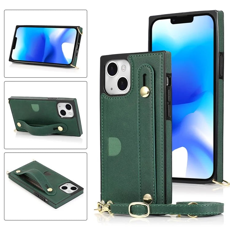 For iPhone 14 Plus Case Shockproof PU Leather Coated TPU Strap Kickstand Protective Back Cover