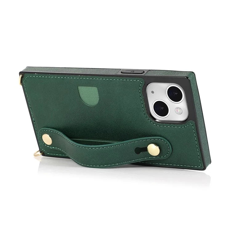 For iPhone 14 Plus Case Shockproof PU Leather Coated TPU Strap Kickstand Protective Back Cover