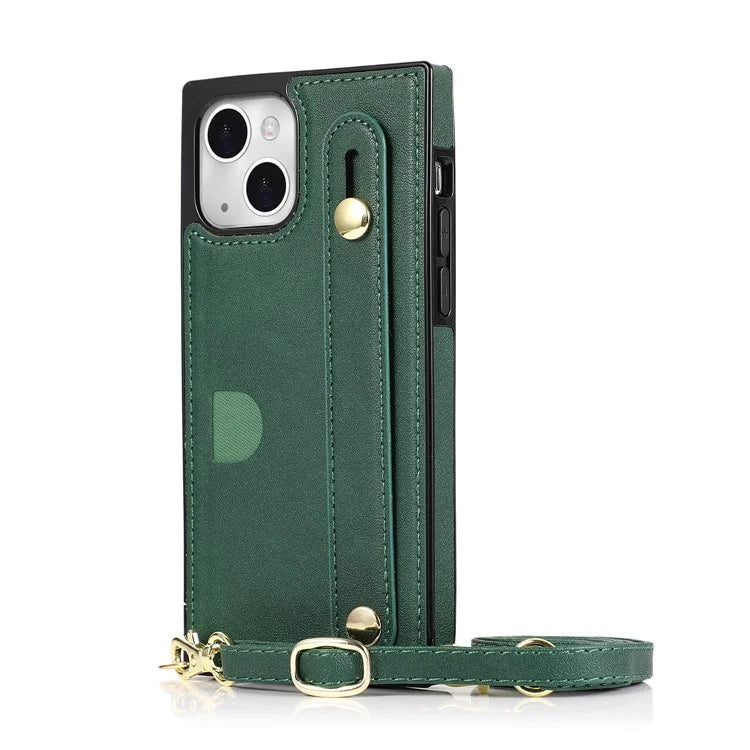 For iPhone 14 Plus Case Shockproof PU Leather Coated TPU Strap Kickstand Protective Back Cover