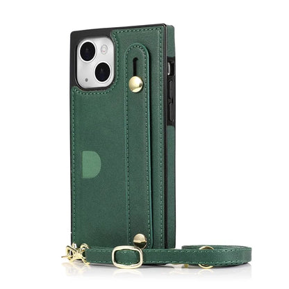 For iPhone 14 Plus Case Shockproof PU Leather Coated TPU Strap Kickstand Protective Back Cover