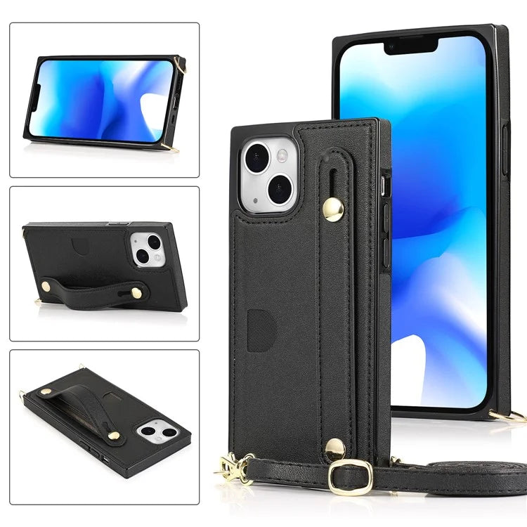 For iPhone 14 Plus Case Shockproof PU Leather Coated TPU Strap Kickstand Protective Back Cover