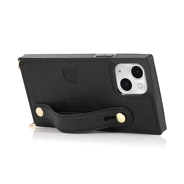 For iPhone 14 Plus Case Shockproof PU Leather Coated TPU Strap Kickstand Protective Back Cover