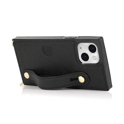For iPhone 14 Plus Case Shockproof PU Leather Coated TPU Strap Kickstand Protective Back Cover