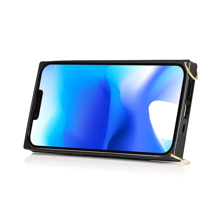 For iPhone 14 Plus Case Shockproof PU Leather Coated TPU Strap Kickstand Protective Back Cover