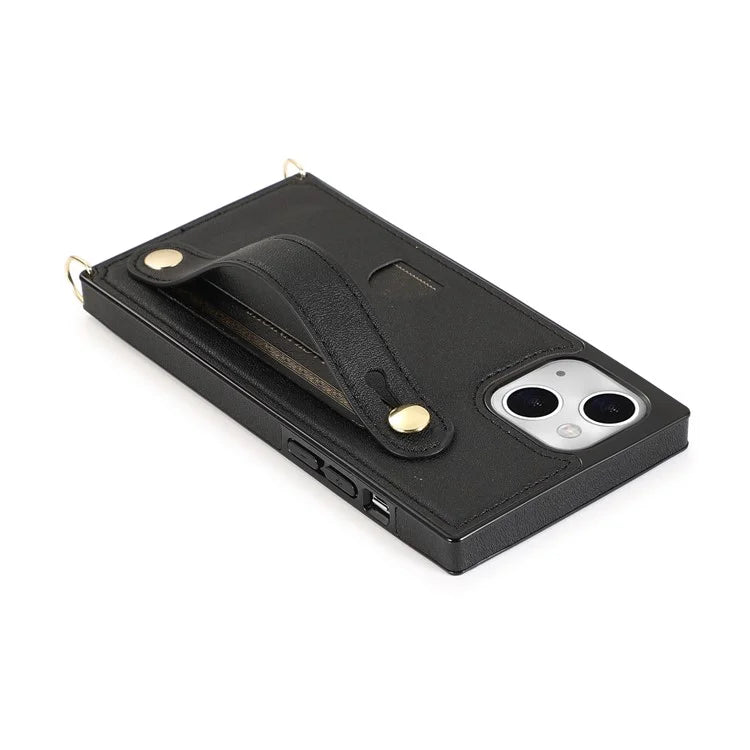 For iPhone 14 Plus Case Shockproof PU Leather Coated TPU Strap Kickstand Protective Back Cover