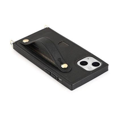 For iPhone 14 Plus Case Shockproof PU Leather Coated TPU Strap Kickstand Protective Back Cover