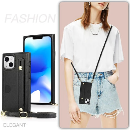 For iPhone 14 Plus Case Shockproof PU Leather Coated TPU Strap Kickstand Protective Back Cover
