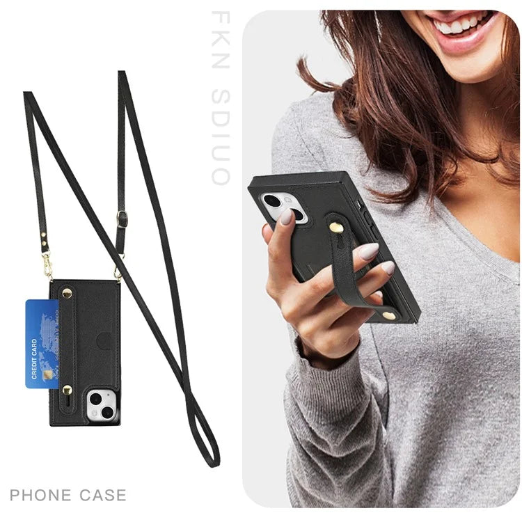 For iPhone 14 Plus Case Shockproof PU Leather Coated TPU Strap Kickstand Protective Back Cover