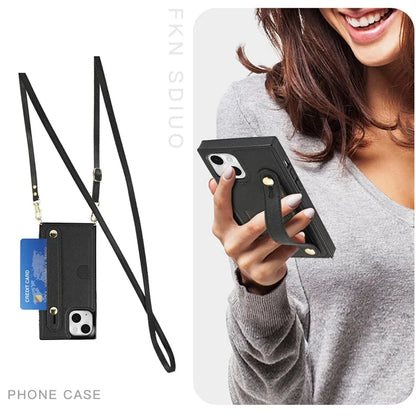 For iPhone 14 Plus Case Shockproof PU Leather Coated TPU Strap Kickstand Protective Back Cover