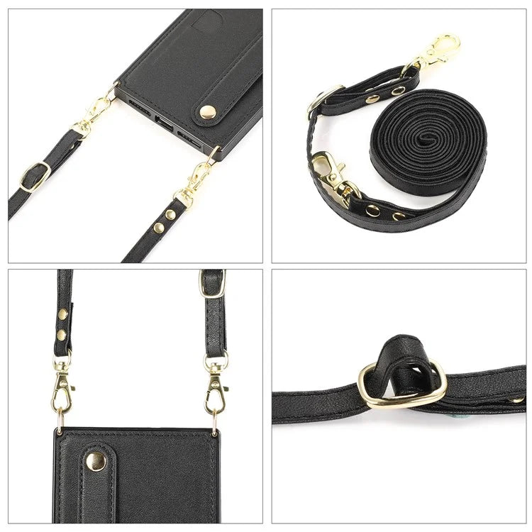 For iPhone 14 Plus Case Shockproof PU Leather Coated TPU Strap Kickstand Protective Back Cover