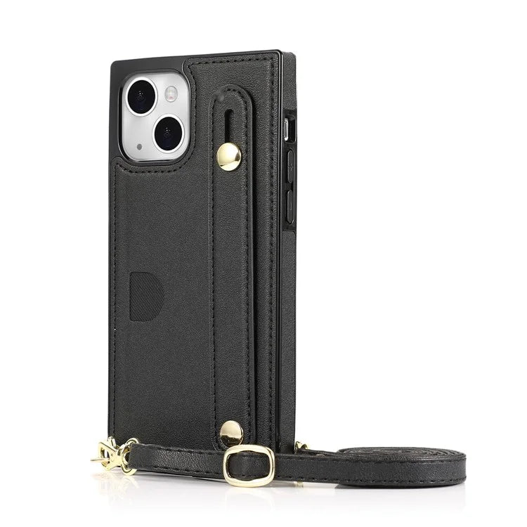 For iPhone 14 Plus Case Shockproof PU Leather Coated TPU Strap Kickstand Protective Back Cover