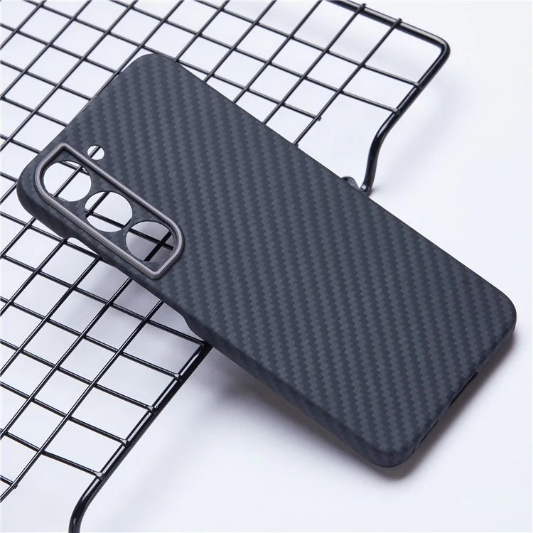 For Samsung Galaxy S22 5G Aramid Fiber Case 1500D Texture Black Phone Cover with Metal Lens Frame