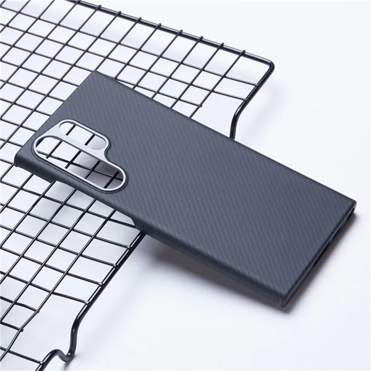 For Samsung Galaxy S22 Ultra 5G Aramid Fiber Case with Metal Lens Frame, 600D Fine Texture Slim Phone Cover, Black