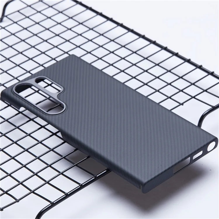 For Samsung Galaxy S22 Ultra 5G Aramid Fiber Case with Metal Lens Frame, 600D Fine Texture Slim Phone Cover, Black