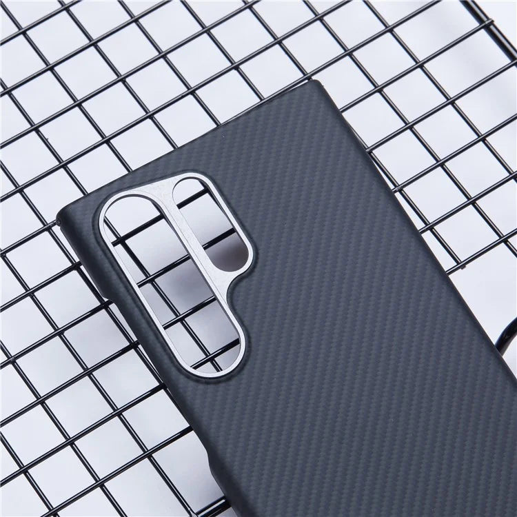 For Samsung Galaxy S22 Ultra 5G Aramid Fiber Case with Metal Lens Frame, 600D Fine Texture Slim Phone Cover, Black
