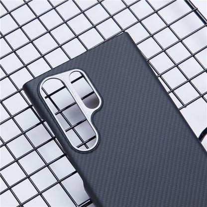 For Samsung Galaxy S22 Ultra 5G Aramid Fiber Case with Metal Lens Frame, 600D Fine Texture Slim Phone Cover, Black