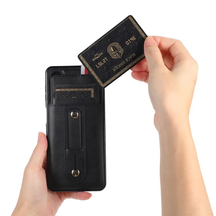 For Samsung Galaxy A72 4G / A72 5G Case Card Holder PU Leather+TPU Phone Cover with Finger Strap Kickstand