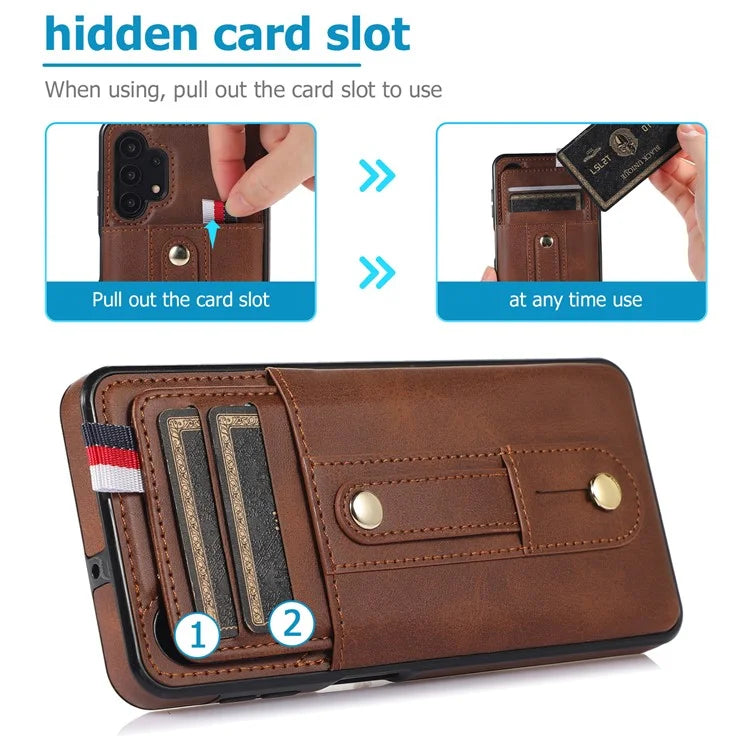 For Samsung Galaxy A72 4G / A72 5G Case Card Holder PU Leather+TPU Phone Cover with Finger Strap Kickstand