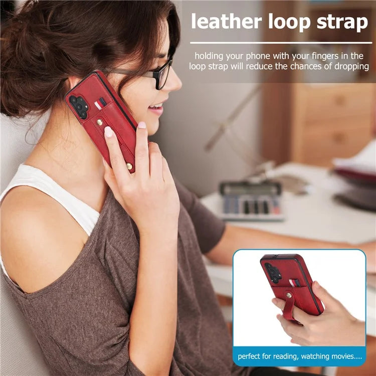 For Samsung Galaxy A72 4G / A72 5G Case Card Holder PU Leather+TPU Phone Cover with Finger Strap Kickstand