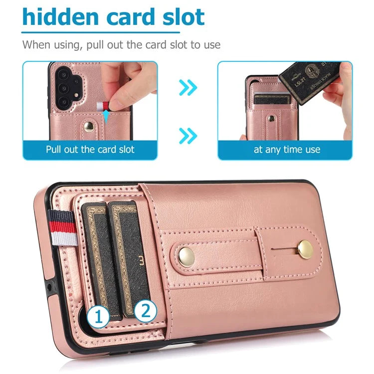 For Samsung Galaxy A72 4G / A72 5G Case Card Holder PU Leather+TPU Phone Cover with Finger Strap Kickstand