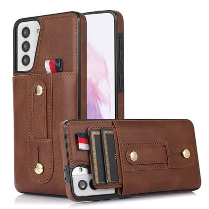 For Samsung Galaxy S21 4G / S21 5G Case Fall-proof Card Holder Phone Cover with Retractable Finger Strap