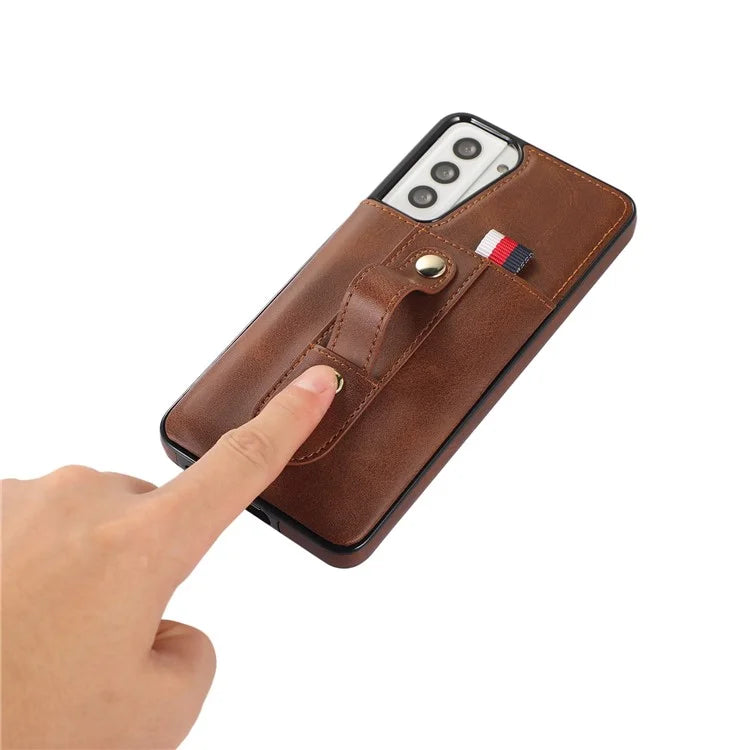 For Samsung Galaxy S21 4G / S21 5G Case Fall-proof Card Holder Phone Cover with Retractable Finger Strap