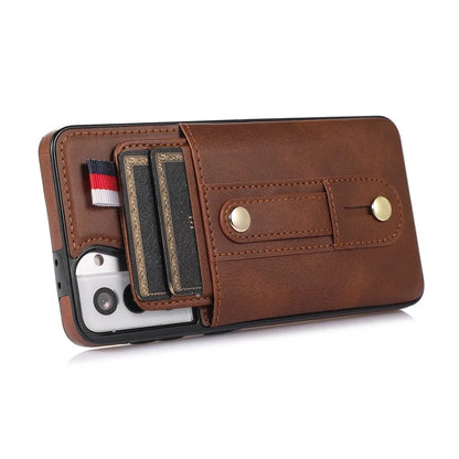For Samsung Galaxy S21 4G / S21 5G Case Fall-proof Card Holder Phone Cover with Retractable Finger Strap