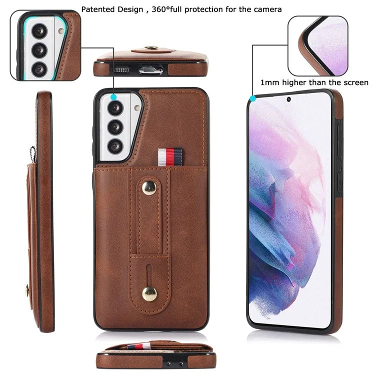 For Samsung Galaxy S21 4G / S21 5G Case Fall-proof Card Holder Phone Cover with Retractable Finger Strap