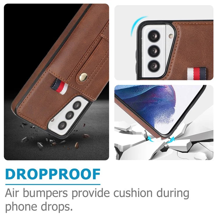 For Samsung Galaxy S21 4G / S21 5G Case Fall-proof Card Holder Phone Cover with Retractable Finger Strap