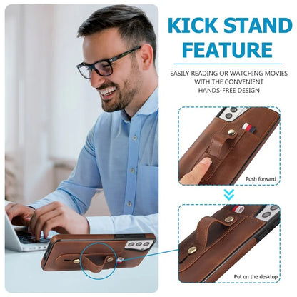 For Samsung Galaxy S21 4G / S21 5G Case Fall-proof Card Holder Phone Cover with Retractable Finger Strap