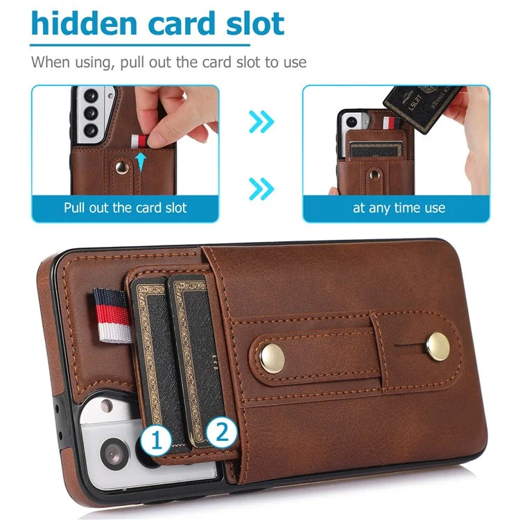 For Samsung Galaxy S21 4G / S21 5G Case Fall-proof Card Holder Phone Cover with Retractable Finger Strap