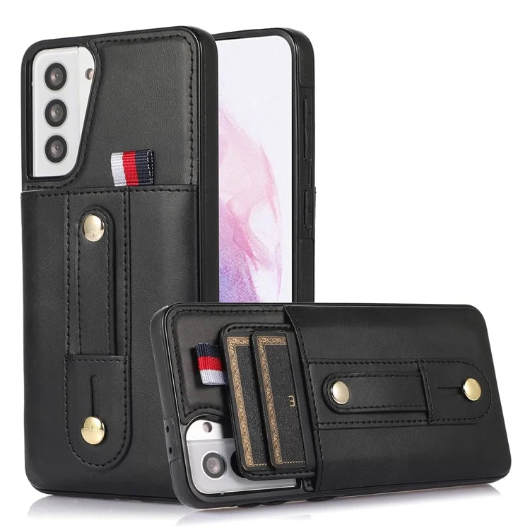 For Samsung Galaxy S21 4G / S21 5G Case Fall-proof Card Holder Phone Cover with Retractable Finger Strap