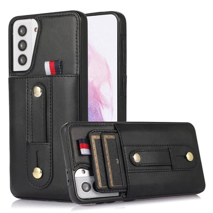 For Samsung Galaxy S21 4G / S21 5G Case Fall-proof Card Holder Phone Cover with Retractable Finger Strap