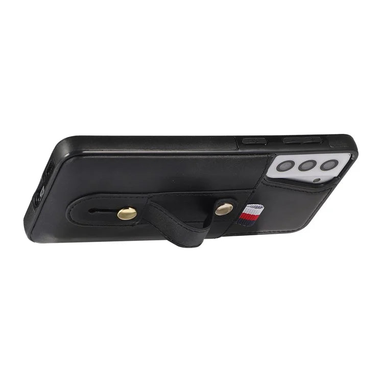 For Samsung Galaxy S21 4G / S21 5G Case Fall-proof Card Holder Phone Cover with Retractable Finger Strap
