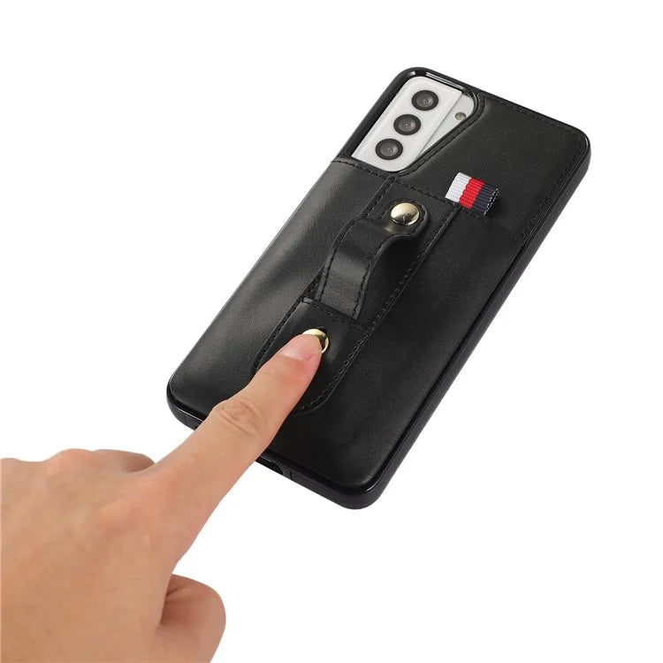 For Samsung Galaxy S21 4G / S21 5G Case Fall-proof Card Holder Phone Cover with Retractable Finger Strap