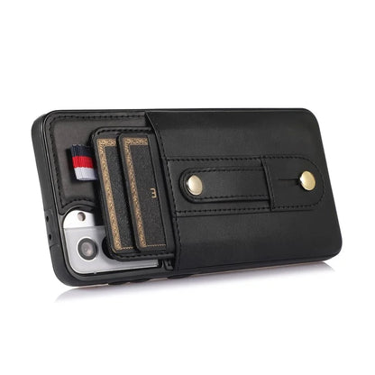 For Samsung Galaxy S21 4G / S21 5G Case Fall-proof Card Holder Phone Cover with Retractable Finger Strap