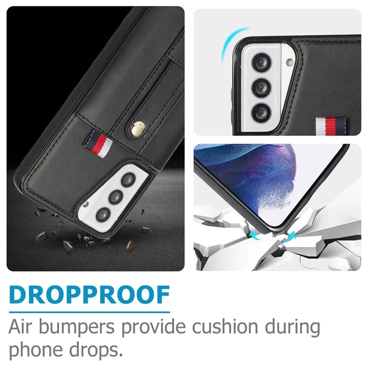 For Samsung Galaxy S21 4G / S21 5G Case Fall-proof Card Holder Phone Cover with Retractable Finger Strap