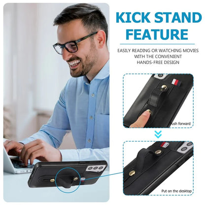For Samsung Galaxy S21 4G / S21 5G Case Fall-proof Card Holder Phone Cover with Retractable Finger Strap