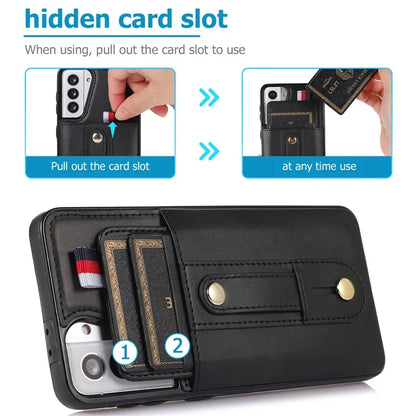 For Samsung Galaxy S21 4G / S21 5G Case Fall-proof Card Holder Phone Cover with Retractable Finger Strap