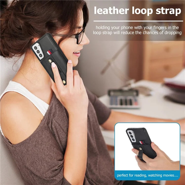 For Samsung Galaxy S21 4G / S21 5G Case Fall-proof Card Holder Phone Cover with Retractable Finger Strap