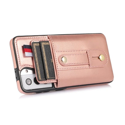 For Samsung Galaxy S21 4G / S21 5G Case Fall-proof Card Holder Phone Cover with Retractable Finger Strap