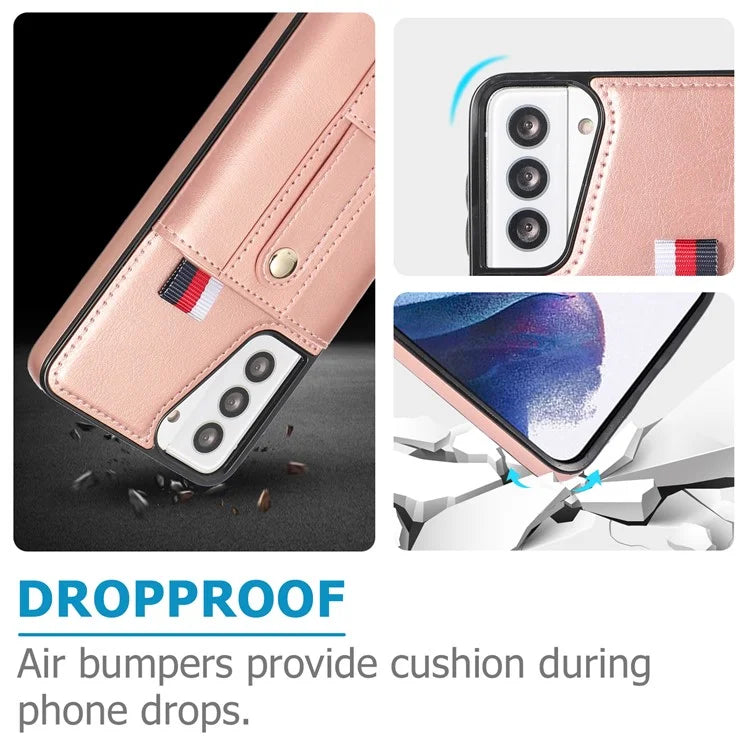 For Samsung Galaxy S21 4G / S21 5G Case Fall-proof Card Holder Phone Cover with Retractable Finger Strap