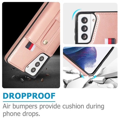 For Samsung Galaxy S21 4G / S21 5G Case Fall-proof Card Holder Phone Cover with Retractable Finger Strap