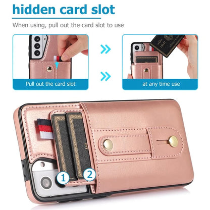 For Samsung Galaxy S21 4G / S21 5G Case Fall-proof Card Holder Phone Cover with Retractable Finger Strap