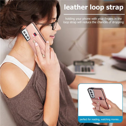 For Samsung Galaxy S21 4G / S21 5G Case Fall-proof Card Holder Phone Cover with Retractable Finger Strap