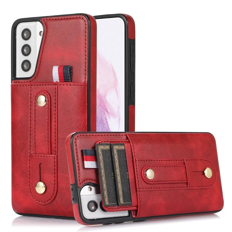 For Samsung Galaxy S21 4G / S21 5G Case Fall-proof Card Holder Phone Cover with Retractable Finger Strap
