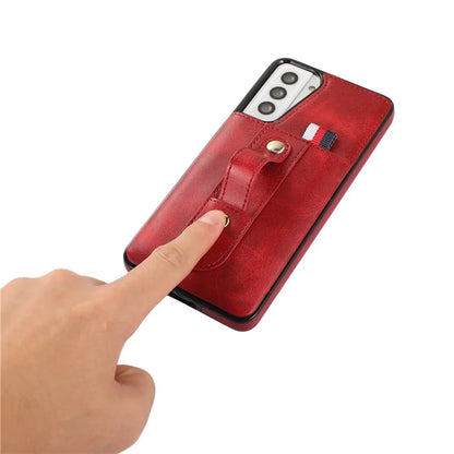 For Samsung Galaxy S21 4G / S21 5G Case Fall-proof Card Holder Phone Cover with Retractable Finger Strap