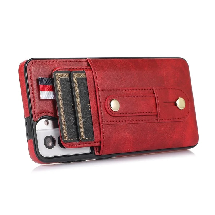 For Samsung Galaxy S21 4G / S21 5G Case Fall-proof Card Holder Phone Cover with Retractable Finger Strap
